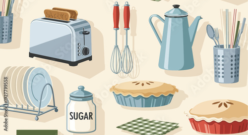 Retro kitchenware and baking supplies pattern.