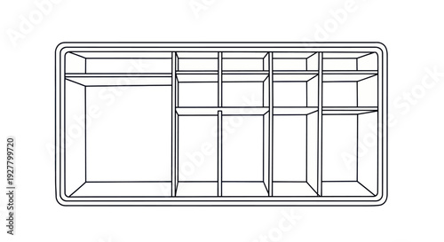 Line drawing of a rectangular drawer organizer insert with multiple compartments.