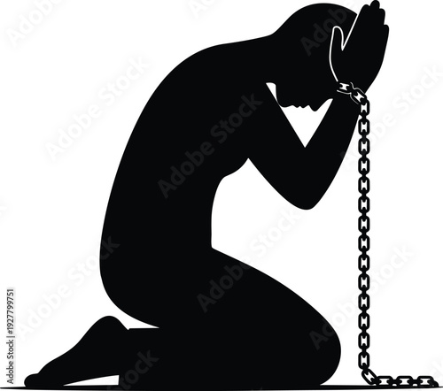 Black and White Vector Silhouette of a Man Kneeling in Chains Symbolizing Injustice Slavery Human Rights Issues Captivity and the Emotional Struggle for Freedom