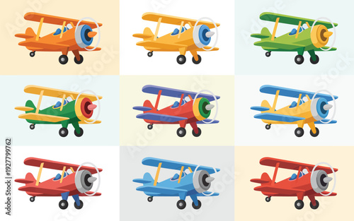 A colorful grid of nine vintage-style biplanes in different hues.