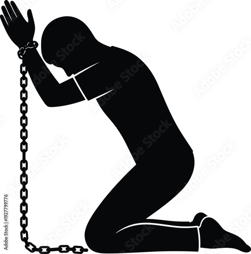 Black and White Vector Silhouette Illustration of a Man Kneeling in Chains Symbolizing Injustice Human Rights Issues Slavery Addiction or Mental Health Struggles