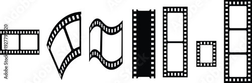 Set of Black Film Strip Silhouettes and Movie Tape Frames in Various Curved and Straight Shapes for Cinema Production Video Editing and Retro Photography Design