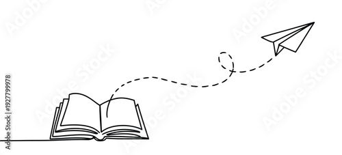 An open book launching a paper airplane into the air, symbolizing creativity and imagination.