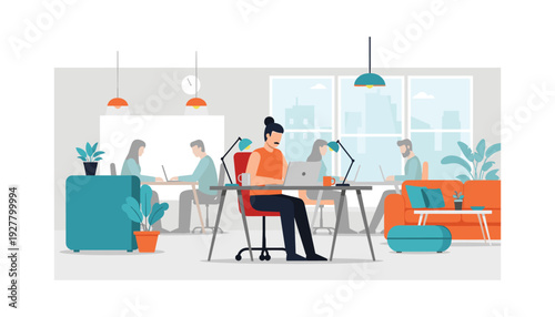 Modern office coworkers working on laptops in trendy workspace