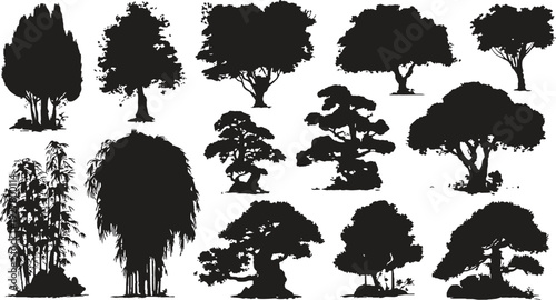 Collection of diverse black tree silhouettes including bamboo and bonsai on white background