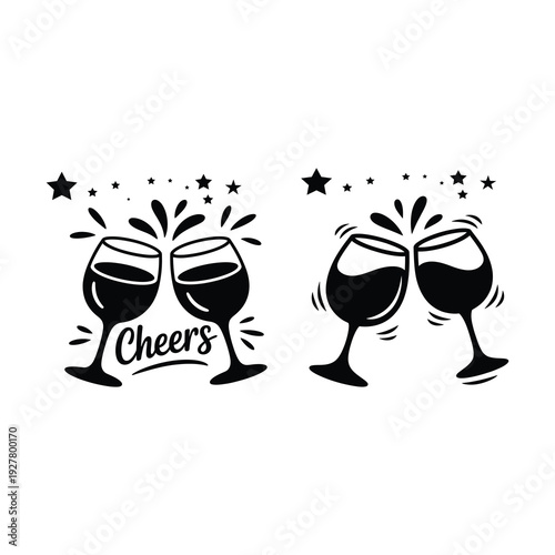 Whimsical chalk-style of wine glasses clinking in a cheerful “cheers” gesture. 