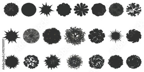 Set of black tree top view silhouettes for landscape architecture site plan and garden design vector illustration graphic