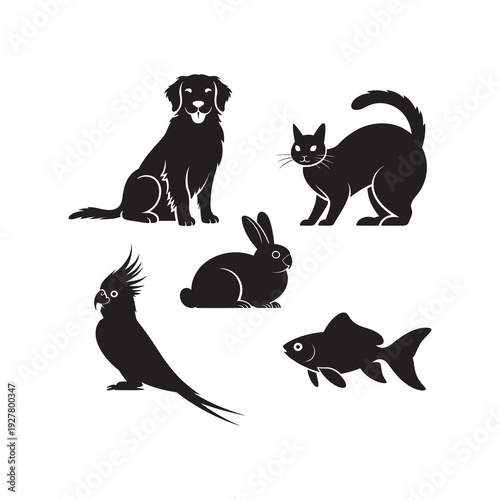 A charming silhouette illustration set of pet animals in natural, realistic poses.