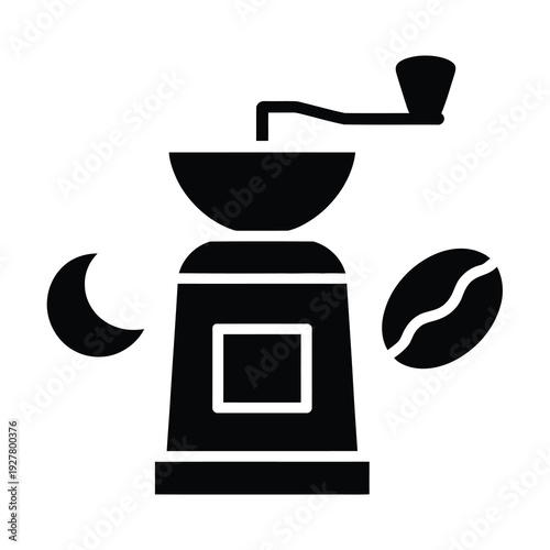 Vector of a manual coffee grinder next to a coffee bean and a crescent moon