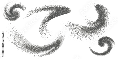 Set of abstract black grainy stipple texture swirly shapes and spiral elements isolated on white background vector illustration