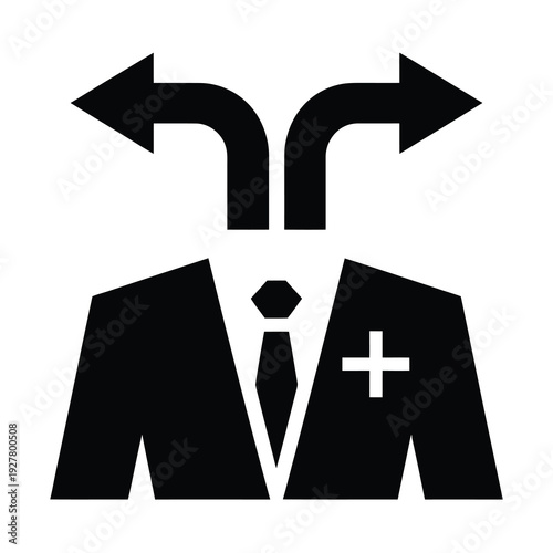 Vector image of a businessman in a suit with arrows pointing in opposite directions from his head