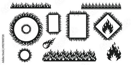 Collection of black fire flame silhouette frames borders and icons set for racing hot rod or danger themes vector illustration