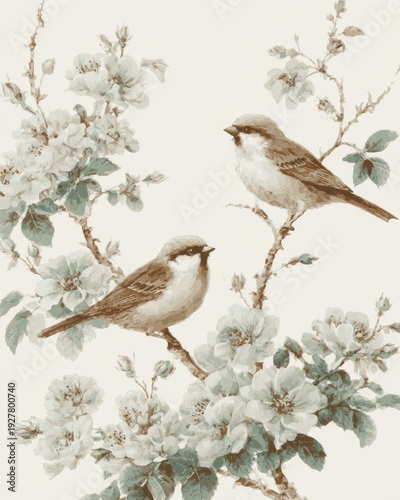 Elegant Chinoiserie style illustration of two sparrows on flowering branches. Vintage botanical art with a muted color palette for wallpaper or fabric design.