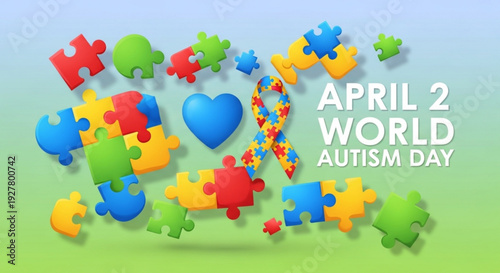 World autism day puzzle pieces heart symbol on gradient background