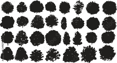 Black silhouette tree collection with varied shapes and textures. Various deciduous and coniferous tree shapes