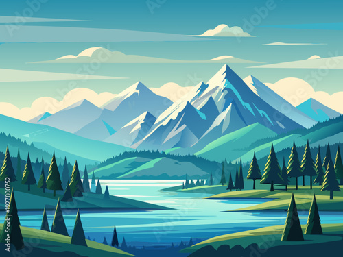 Serene mountain landscape with a clear river and evergreen forests