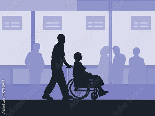 A silhouette of a man assisting an elderly woman in a wheelchair