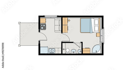 Cozy studio apartment floor plan with kitchenette and bathroom