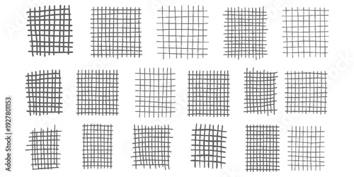 Set of hand drawn grunge grid textures and hatch patterns for artistic design projects vector illustration isolated on white