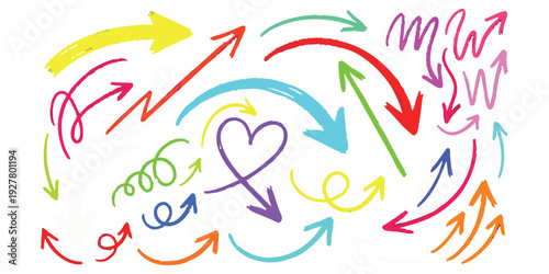 Collection of colorful hand-drawn doodle arrows in various shapes and directions vector illustration for creative design projects