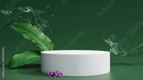 3D render white podium with tropical leaves and water splash