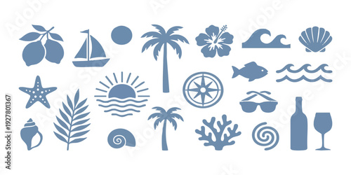 Collection of summer beach and tropical vacation icons featuring palm trees, sun, sailboat, and sea elements vector illustration