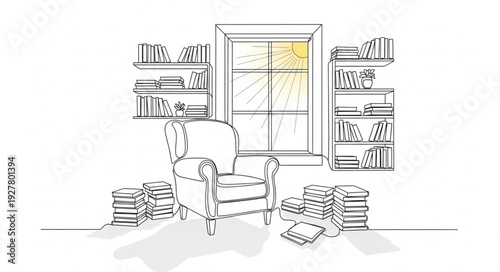 Cluttered Room with Books and Chair.