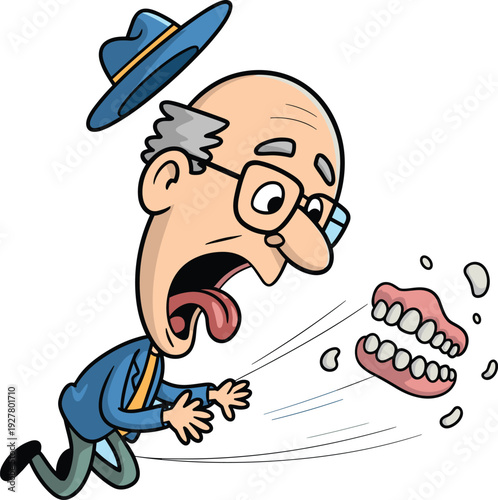 Cartoon elderly man shocked as flying dentures pop out, funny dental accident illustration isolated on white backgroundCartoon elderly man shocked as flying dentures pop out, funny dental 