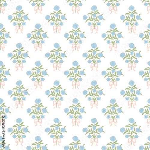 Blue floral block print seamless pattern. Hand drawn small flower bouquet and pink bows romantic damask repeat background, textile design, fabric, wallpaper, wrap paper. Boho vector illustration.