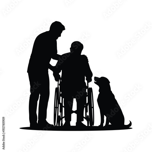 A caregiver assisting an elderly person with a walker  with loyal dog.