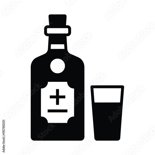 Vector of a bottle and glass with liquid indicating medicine or alcohol