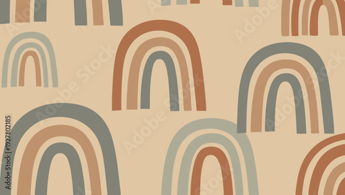 Boho Rainbow Pattern Seamless Background, Neutral Earth Tones, Abstract Arc Design