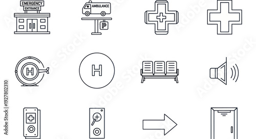 Collection of medical and hospital-related line icons.