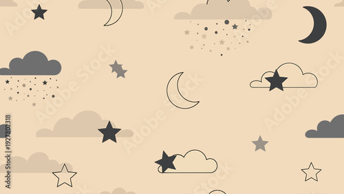 Cute seamless pattern of clouds, stars and moon on beige background