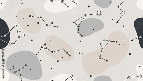 Seamless celestial constellation pattern with abstract shapes and stars