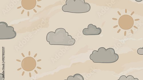 Cute Sun and Cloud Seamless Pattern Background, Beige Nursery Decor, Weather Illustration