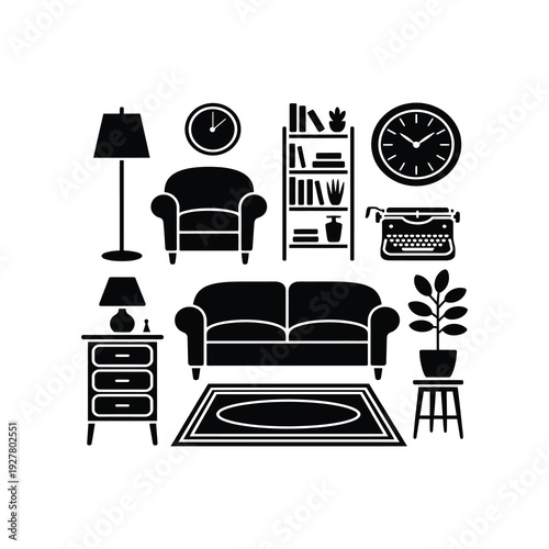 A cohesive silhouette illustration set of interior home elements.