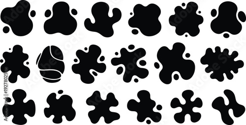 Collection of abstract black ink splatter blobs and liquid splash shapes isolated on white background vector design elements set