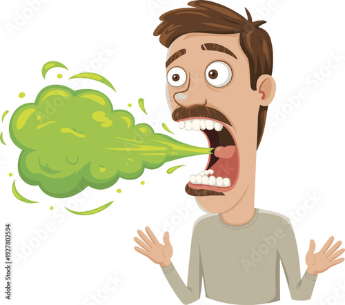 Cartoon man with mustache blowing foul green breath cloud, bad oral hygiene and halitosis concept illustration