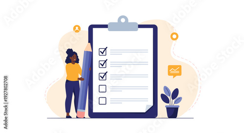 Professional woman uses a giant pencil to check off items on a large clipboard list representing task management and productivity.