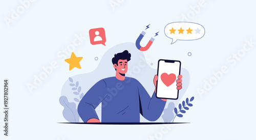 Happy customer uses mobile app to give positive feedback and high rating while attracted by brand loyalty and great service.