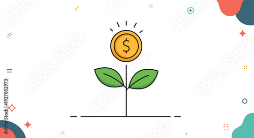 Growth of financial investment concept shown through stylized illustration of money coin as a flower blooming on green stem.