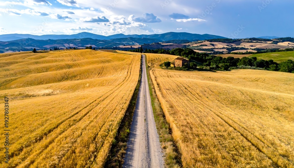 Obraz premium Aerial view of a long road through golden wheat fields