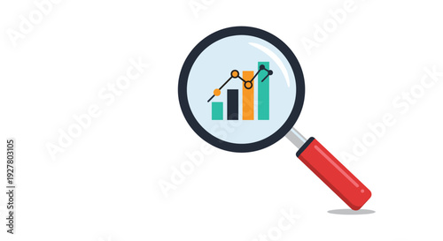 Business data analysis represented by magnifying glass hovering over colorful bar graph showing positive financial growth and market trends.