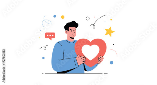 Smiling man holds large red heart symbol to express love affection and caring for others in a friendly and supportive manner.