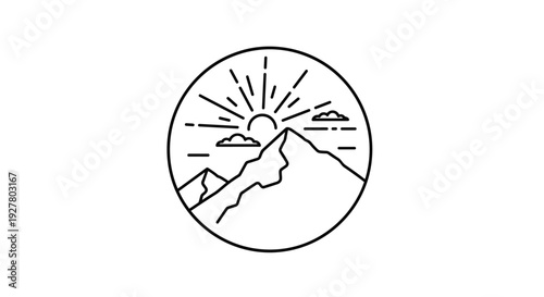 Minimalist circular line art landscape depicts majestic mountains under morning sun with light clouds in clean outdoors adventure style.