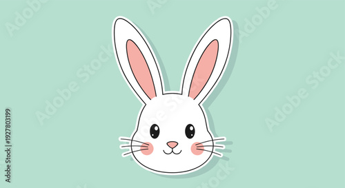 Adorable white rabbit head with long pink ears and rosy cheeks is presented as charming sticker or icon on soft mint green background.
