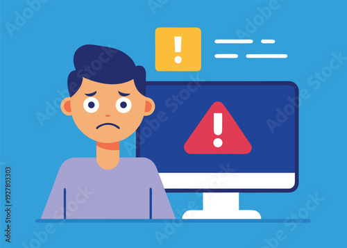 A frustrated user with a sad expression sits in front of a computer monitor displaying a prominent red login error.