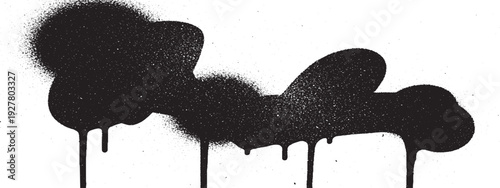 Black spray paint drip abstract shape on white background.