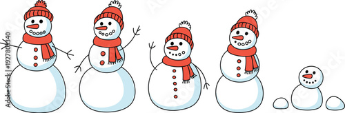 Cute cartoon snowman collection with red hats and scarves, winter holiday characters set isolated on white background